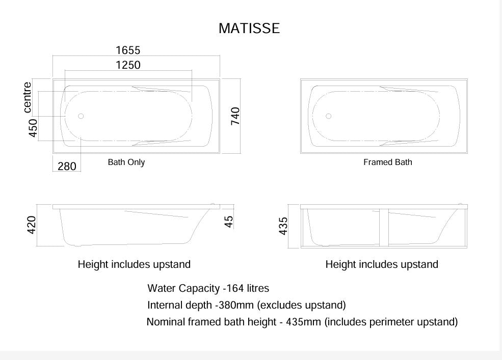CLEARLITE MATISSE DROP IN BATH 1655X740X405MM - The Tile Collection™