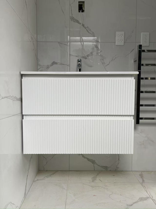 VERTO MOSCO 750MM PLYWOOD WALL HUNG VANITY - MATT WHITE, FLUTED FRONT