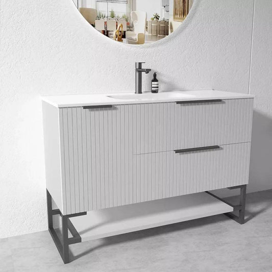 1200MM FLUTED GREY PLYWOOD FLOORSTANDING VANITY WITH SINGLE BASIN CERAMIC TOP - The Tile Collection™