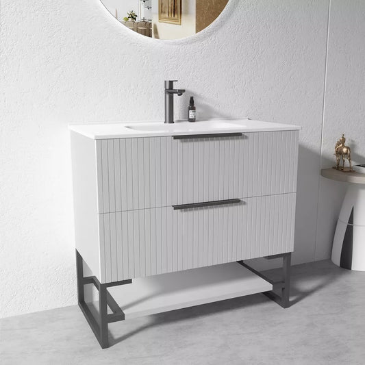900MM FLUTED GREY FLOORSTANDING PLYWOOD VANITY WITH CERAMIC TOP - The Tile Collection™