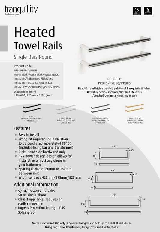 TRANQUILLITY ROUND SINGLE BAR HEATED TOWEL RAIL 850MM - BRUSHED BRASS - The Tile Collection™