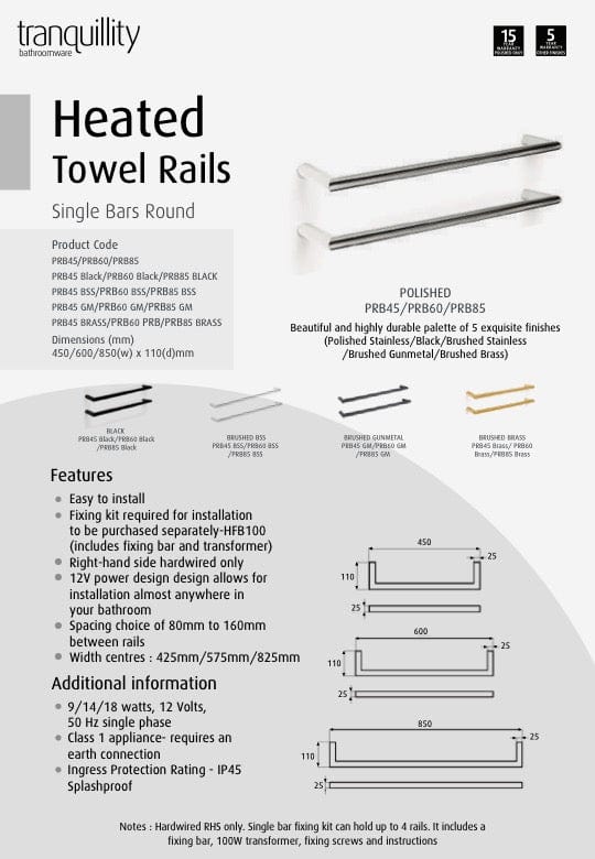 TRANQUILLITY ROUND SINGLE BAR HEATED TOWEL RAIL 850MM - BRUSHED STAINLESS - The Tile Collection™