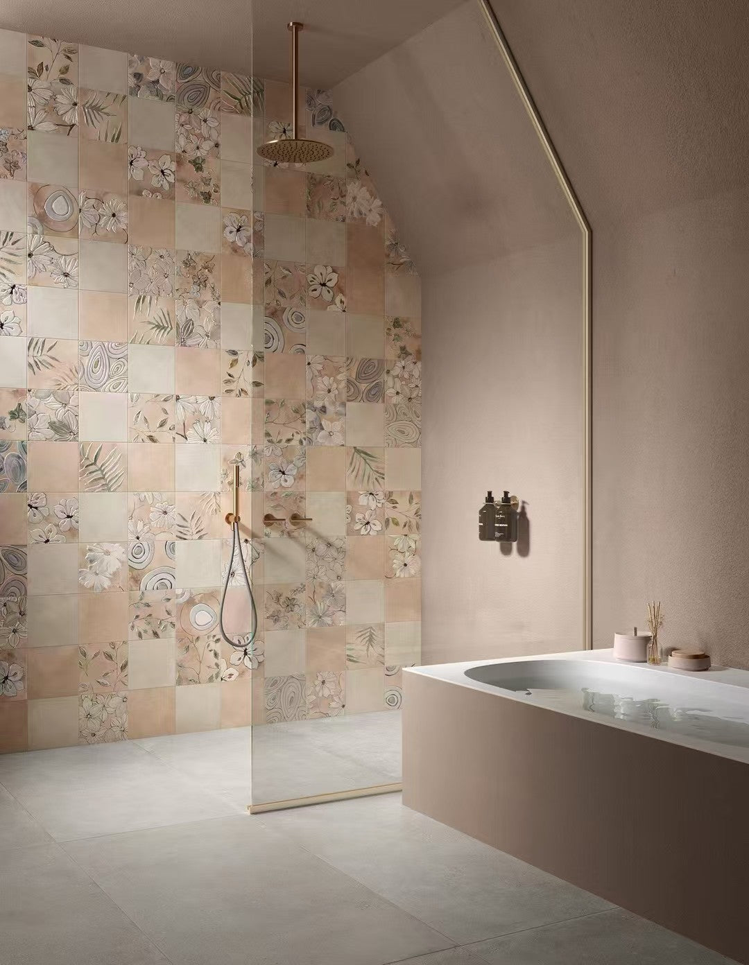 Bathroom with floral-patterned tiles and a modern shower setup.