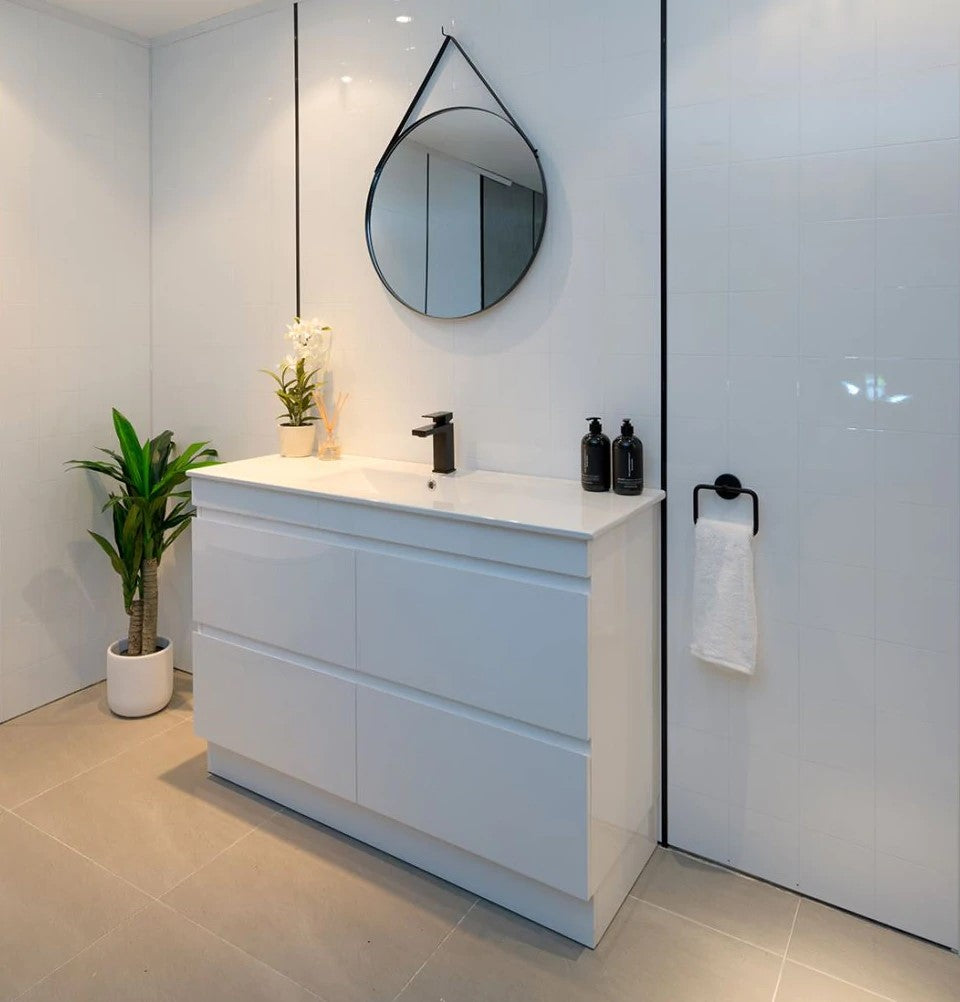 1500MM POLO WHITE GLOSS PLYWOOD FLOORSTANDING VANITY SINGLE BASIN - The Tile Collection™