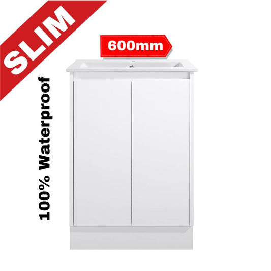 600MM SLIM PVC WHITE FLOORSTANDING VANITY 100% WATERPROOF WITH CERAMIC TOP - The Tile Collection™