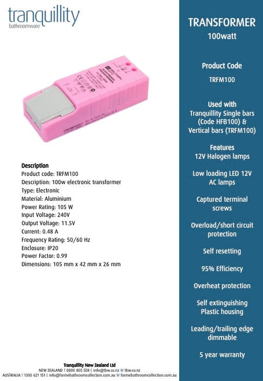 TRANQUILLITY TRANSFORMER 100 WATTS FOR SINGLE HEATED TOWEL BARS - The Tile Collection™