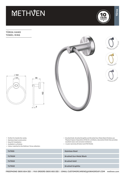 METHVEN TUROA HAND TOWEL RING - BRUSHED GUNMETAL - The Tile Collection™