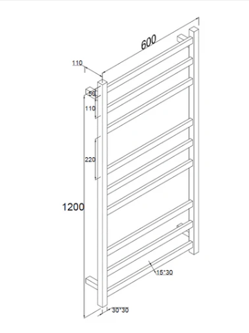 9 BAR SQUARE HEATED TOWEL RAIL HTR 1200H*600W*110D- MATTE BLACK