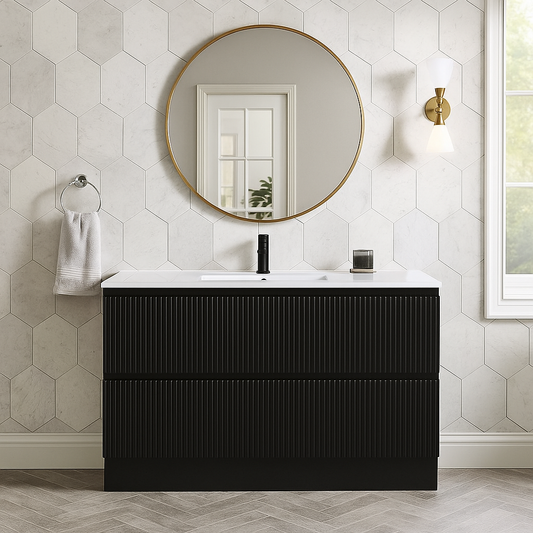VERTO MOSCO 1200MM SINGLE PLYWOOD FLOOR STANDING VANITY - MATT BLACK, FLUTED FRONT