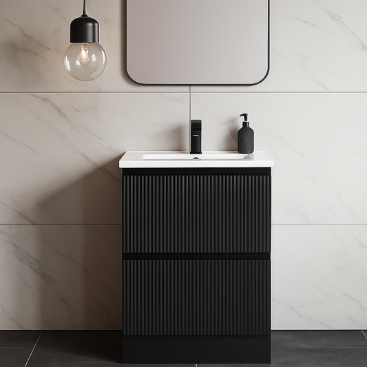 VERTO MOSCO 600MM PLYWOOD FLOOR STANDING VANITY - MATT BLACK, FLUTED FRONT