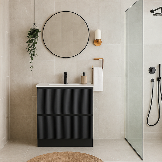 750mm Matt Black  Plywood Floorstanding Vanity - 2 Drawers, fluted design