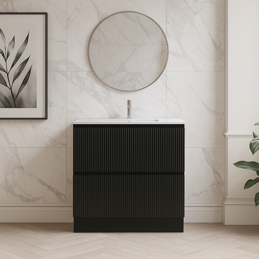 VERTO MOSCO 900MM PLYWOOD FLOOR STANDING VANITY - MATT BLACK, FLUTED FRONT