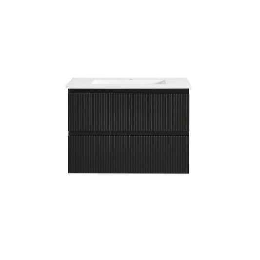 Black Wall Hung Vanity 900mm, 2 Drawers, Fluted Design