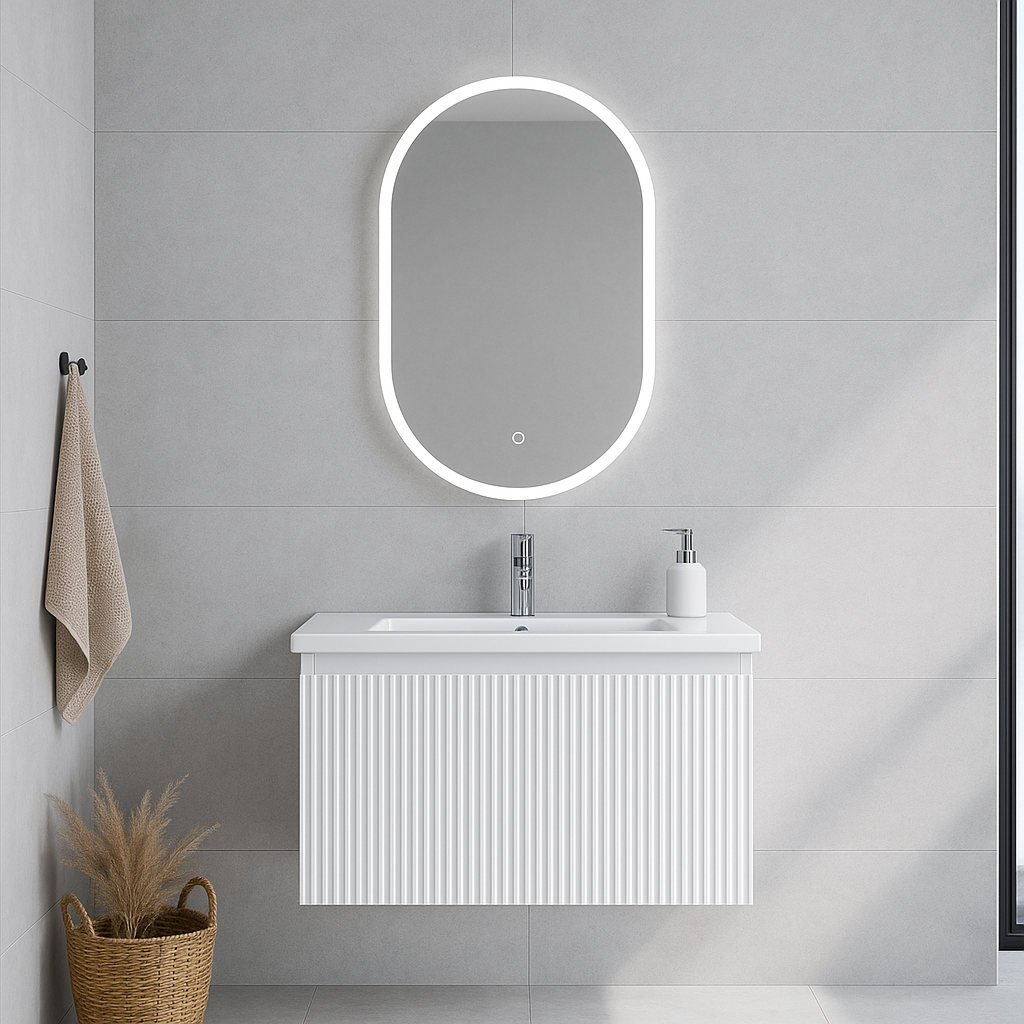 VERTO MOSCO 750MM PLYWOOD WALL HUNG VANITY - MATT WHITE, FLUTED FRONT