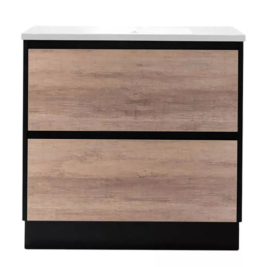 900MM POLO BLACK AND LIGHT OAK FREESTANDING VANITY WITH CERAMIC TOP - The Tile Collection™