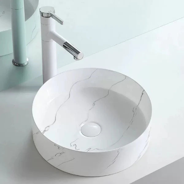 ROUND GLOSS WHITE MARBLE LOOK CERAMIC ART BASIN - The Tile Collection™