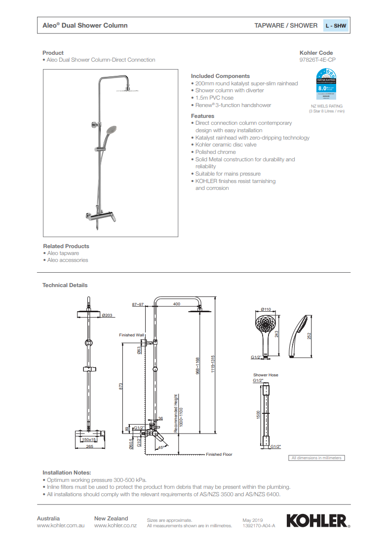 KOHLER ALEO DUAL SHOWER COLUMN - EXPOSED VALVE 97826T-4E-CP - The Tile Collection™