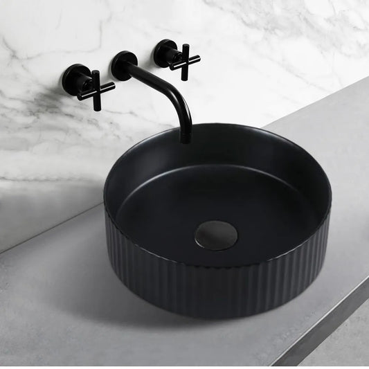 360MM ROUND FLUTED CERAMIC BASIN - MATT BLACK (ABOVE-COUNTER )