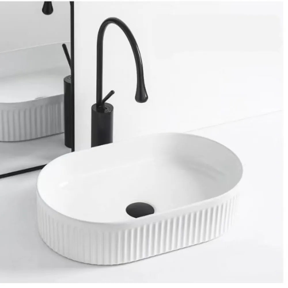 FLUTED OVAL CERAMIC BASIN - 580X360MM - GLOSS WHITE