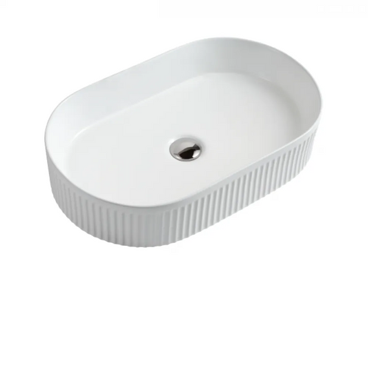 FLUTED OVAL CERAMIC BASIN - 580X360MM - GLOSS WHITE