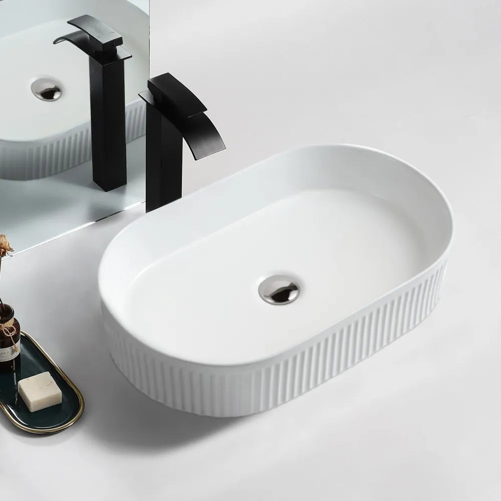 FLUTED OVAL CERAMIC BASIN - 580X360MM - GLOSS WHITE