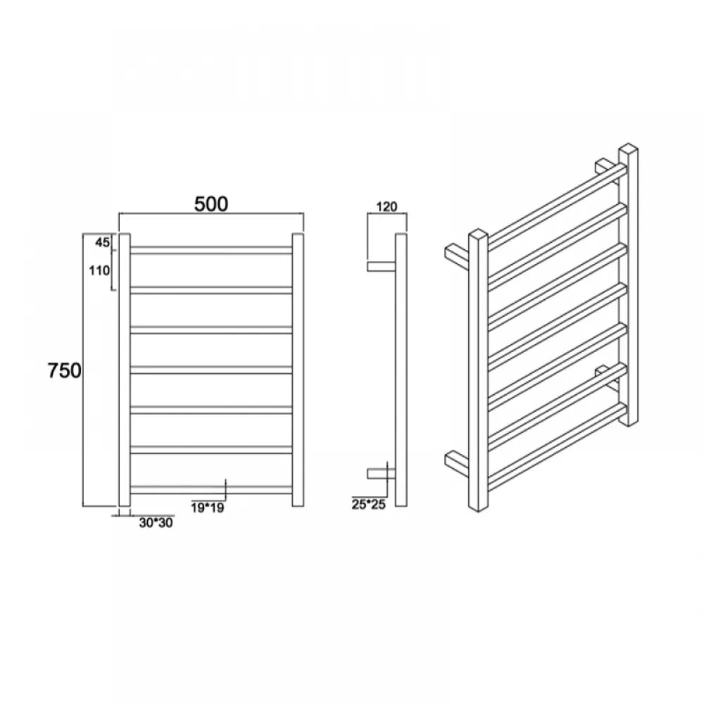7 BAR SQUARE HEATED TOWEL RAIL DN 750H*500W*120D- BRUSHED GUNMETAL