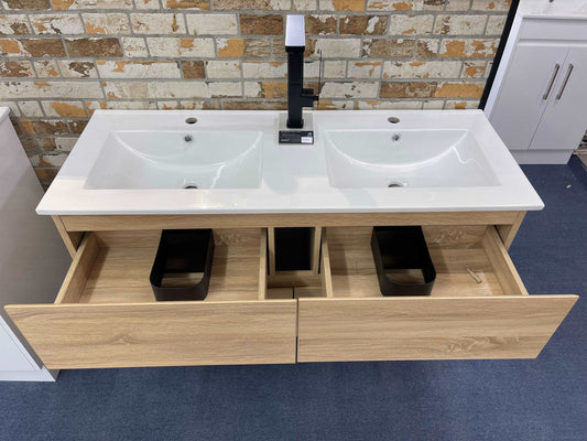 NELSON WALL HUNG VANITY | 1800MM | LIGHT OAK | DOUBLE BASIN | PLYWOOD - The Tile Collection™