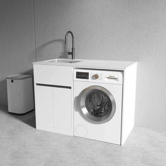 1200MM WHITE PLYWOOD LAUNDRY STATION | STONE BENCHTOP | STAINLESS STEEL SINK - The Tile Collection™