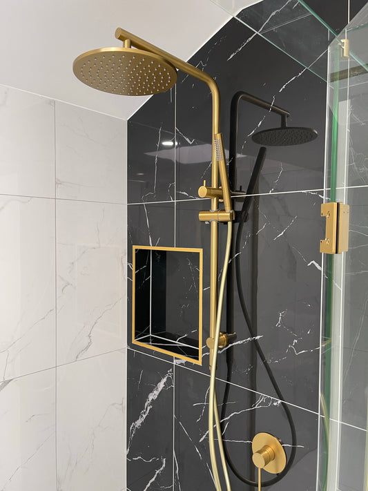 CHASE PREMIUM ROUND DUAL RAIN SHOWER COLUMN - BRUSHED BRASS - The Tile Collection™