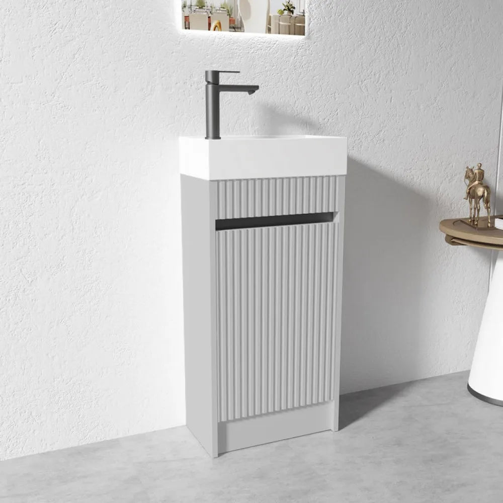400MM FLUTED GREY PLYWOOD FLOORSTANDING VANITY WITH CERAMIC TOP - The Tile Collection™