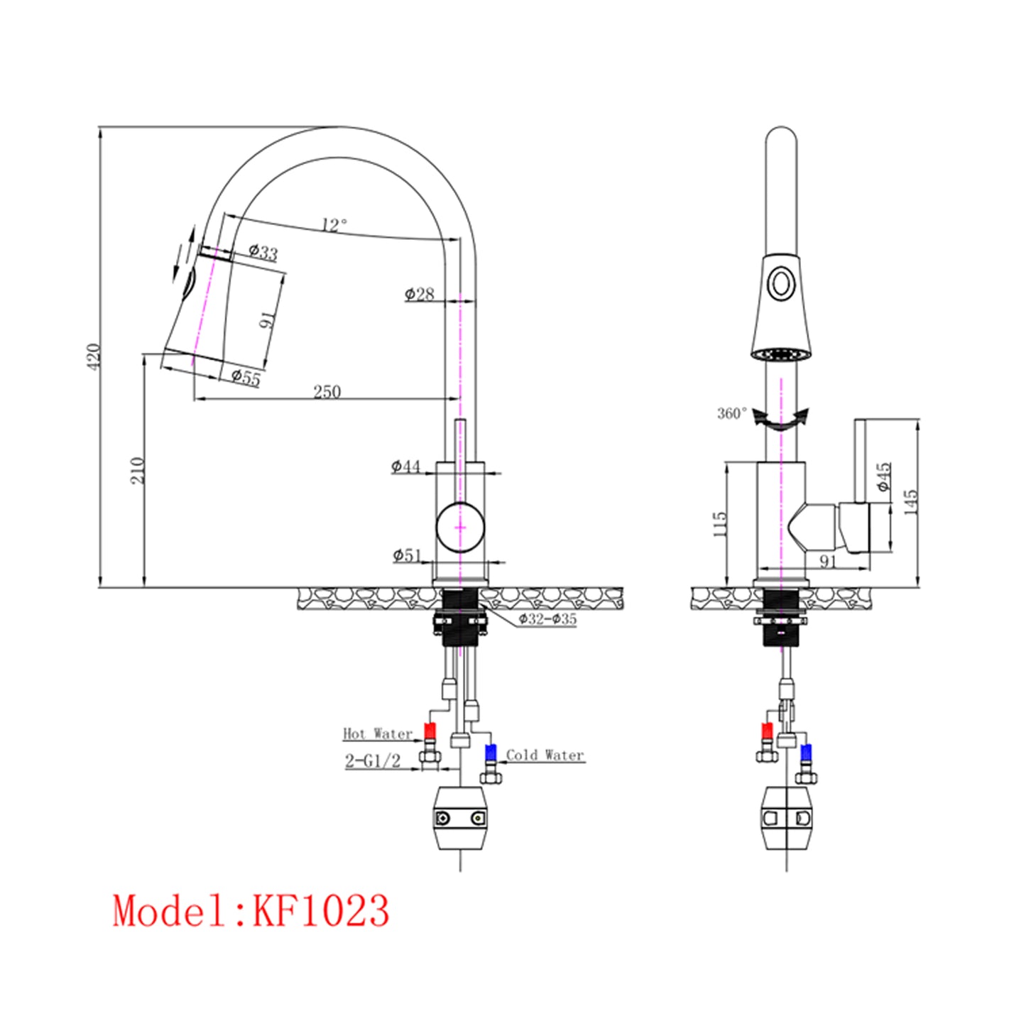 OPAL ROUND BLACK PULLOUT KITCHEN SINK TAP - The Tile Collection™