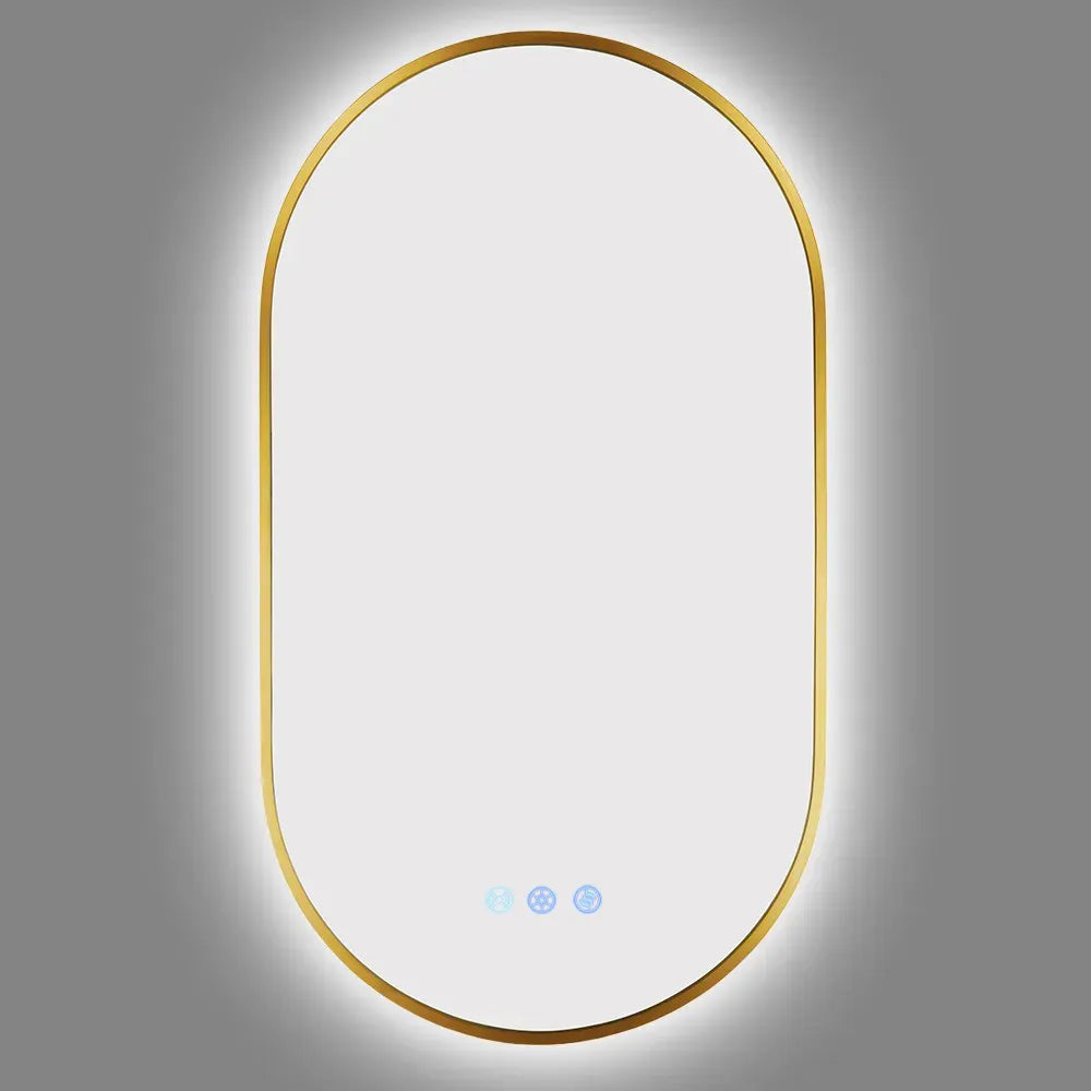 900x500MM BRUSHED BRASS FRAME OVAL BACKLIT LED MIRROR WITH MOTION SENSOR | DEFOGGER | 3 COLOURS LIGHTS