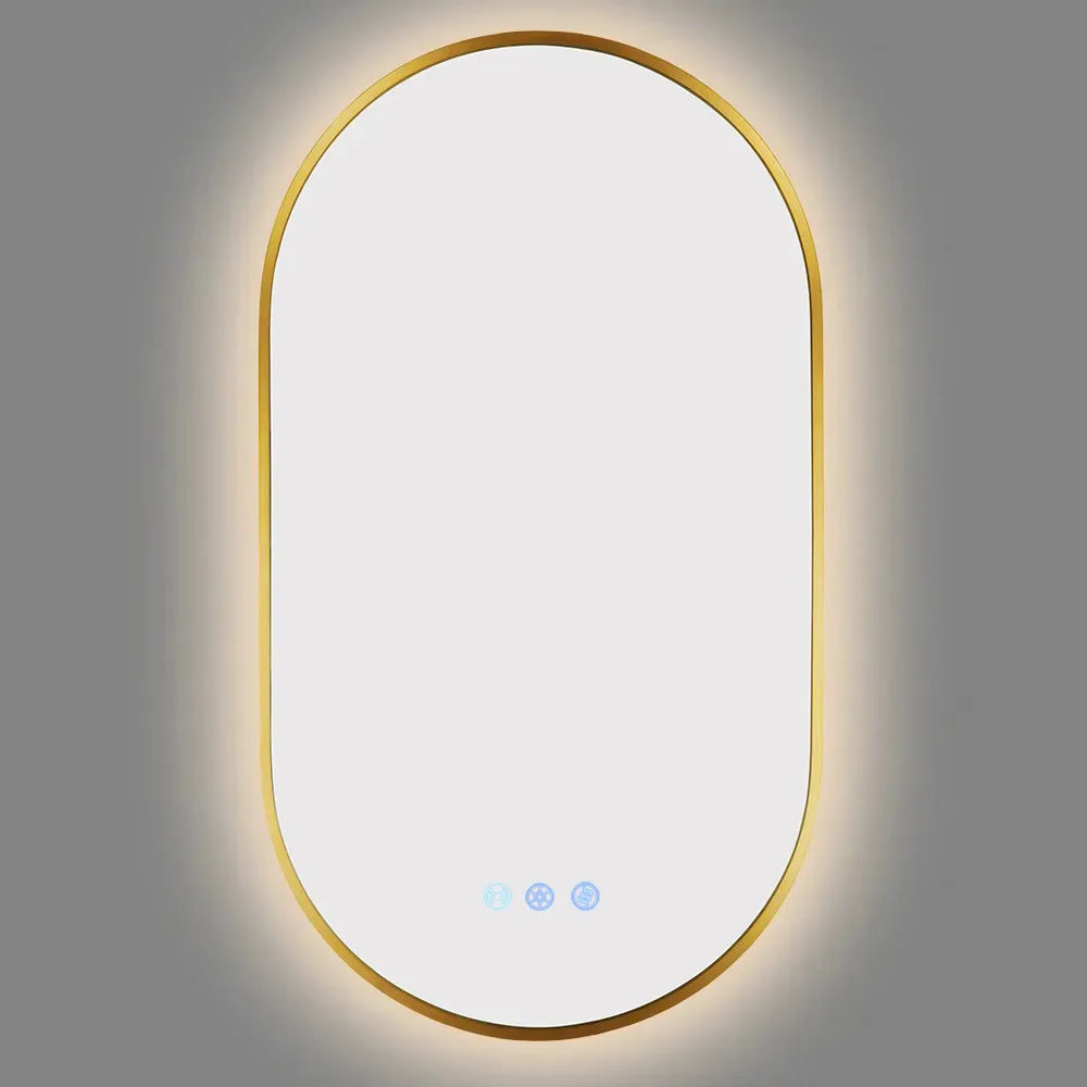 900x500MM BRUSHED BRASS FRAME OVAL BACKLIT LED MIRROR WITH MOTION SENSOR | DEFOGGER | 3 COLOURS LIGHTS
