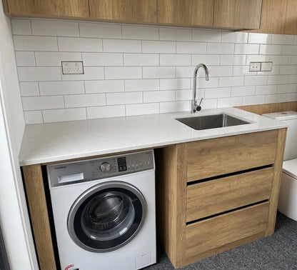 1500MM PLYWOOD LAUNDRY STATION | ANTIQUE OAK| STONE BENCHTOP | STAINLESS STEEL SINK