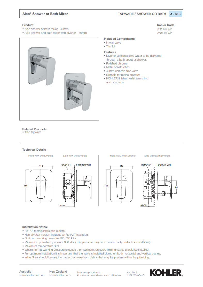 KOHLER ALEO SHOWER/BATH MIXER 166 X 113MM POLISHED CHROME 97280A-CP - The Tile Collection™