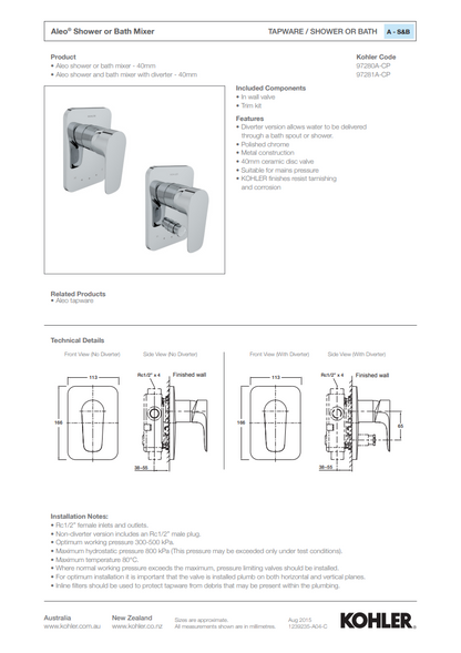 KOHLER ALEO SHOWER/BATH MIXER 166 X 113MM POLISHED CHROME 97280A-CP - The Tile Collection™