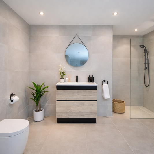 VALENTINA SLIM FLOOR STANDING VANITY |BLACK AND LIGHT OAK| 600MM | PLYWOOD WITH CERAMIC TOP