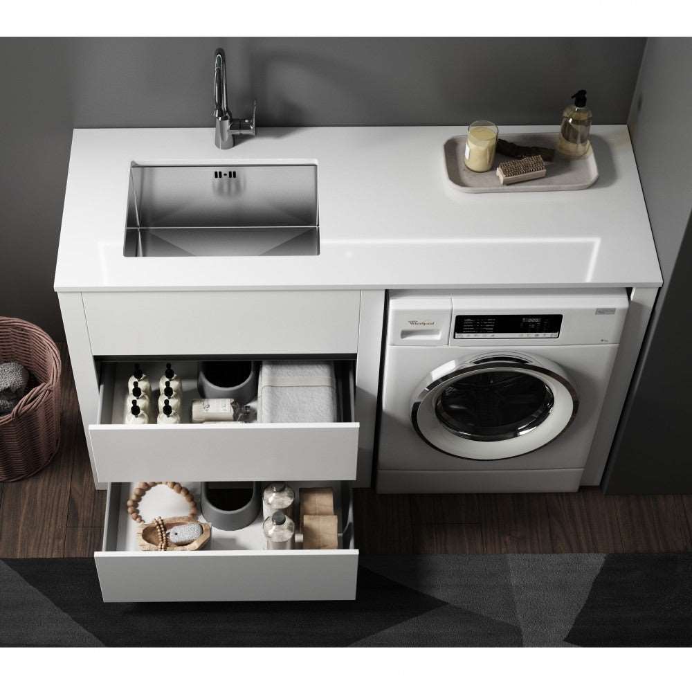 1300MM WHITE PLYWOOD LAUNDRY STATION | STONE BENCHTOP | STAINLESS STEEL SINK - The Tile Collection™