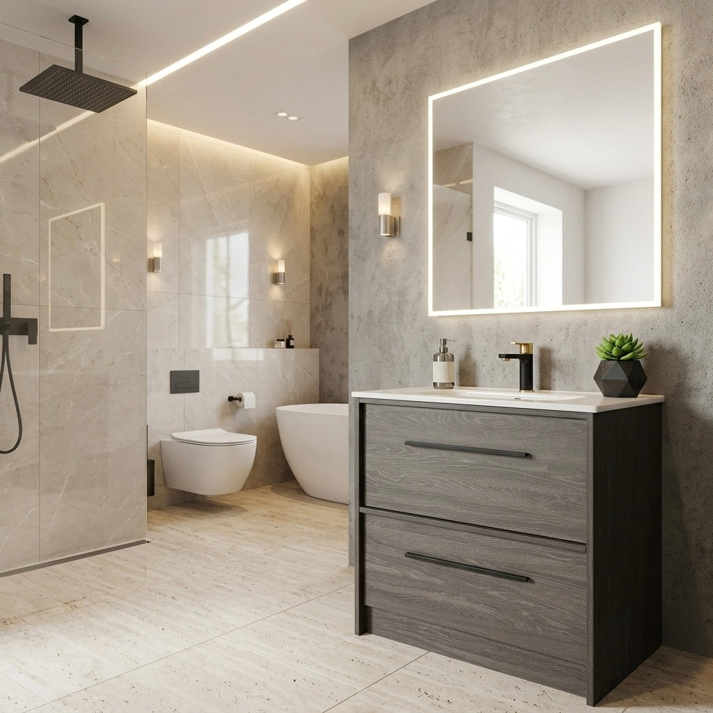 EMBER FLOOR STANDING VANITY 750MM - CHARRED ASH | 2 DRAWERS WITH CERAMIC BASIN
