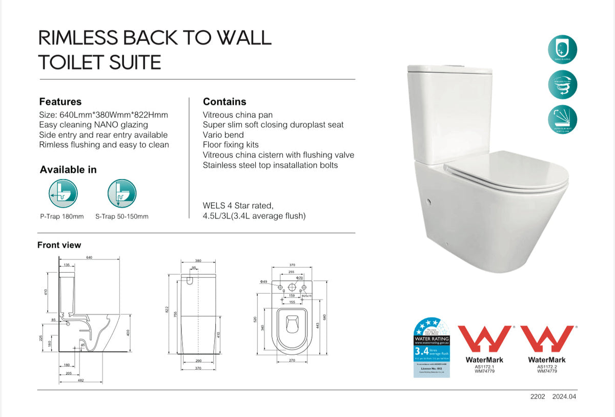 LINFA RIMLESS BACK TO WALL TOILET - NANO GLAZING 640X370X822MM