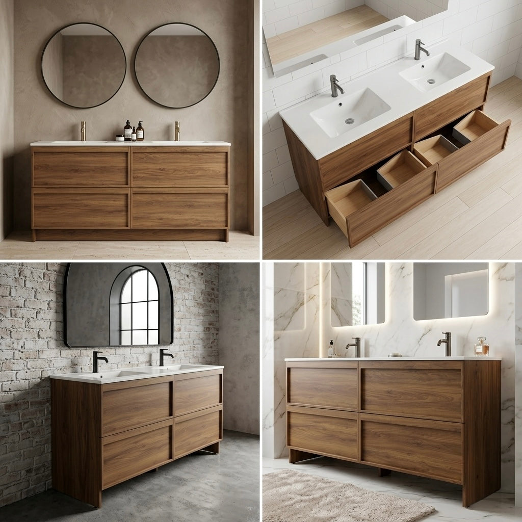 ASPEN WALNUT FLOOR STANDING VANITY 1500MM DOUBLE | 4 DRAWERS WITH CERAMIC BASIN