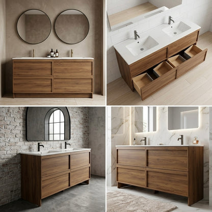 ASPEN WALNUT FLOOR STANDING VANITY 1500MM DOUBLE | 4 DRAWERS WITH CERAMIC BASIN