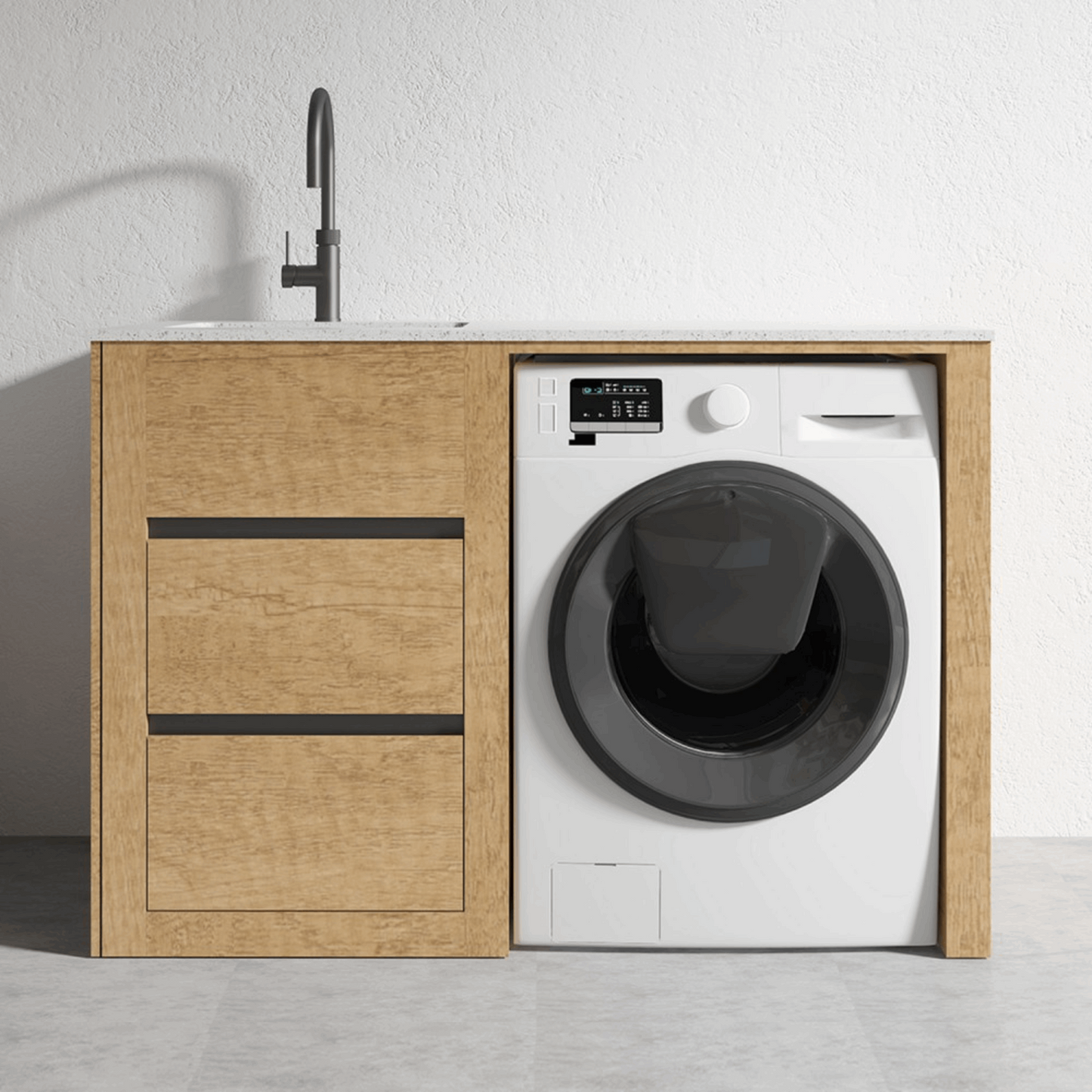 1300MM PLYWOOD LAUNDRY STATION | HONEY OAK | STONE BENCTOP | STAINLESS STEEL SINK - The Tile Collection™