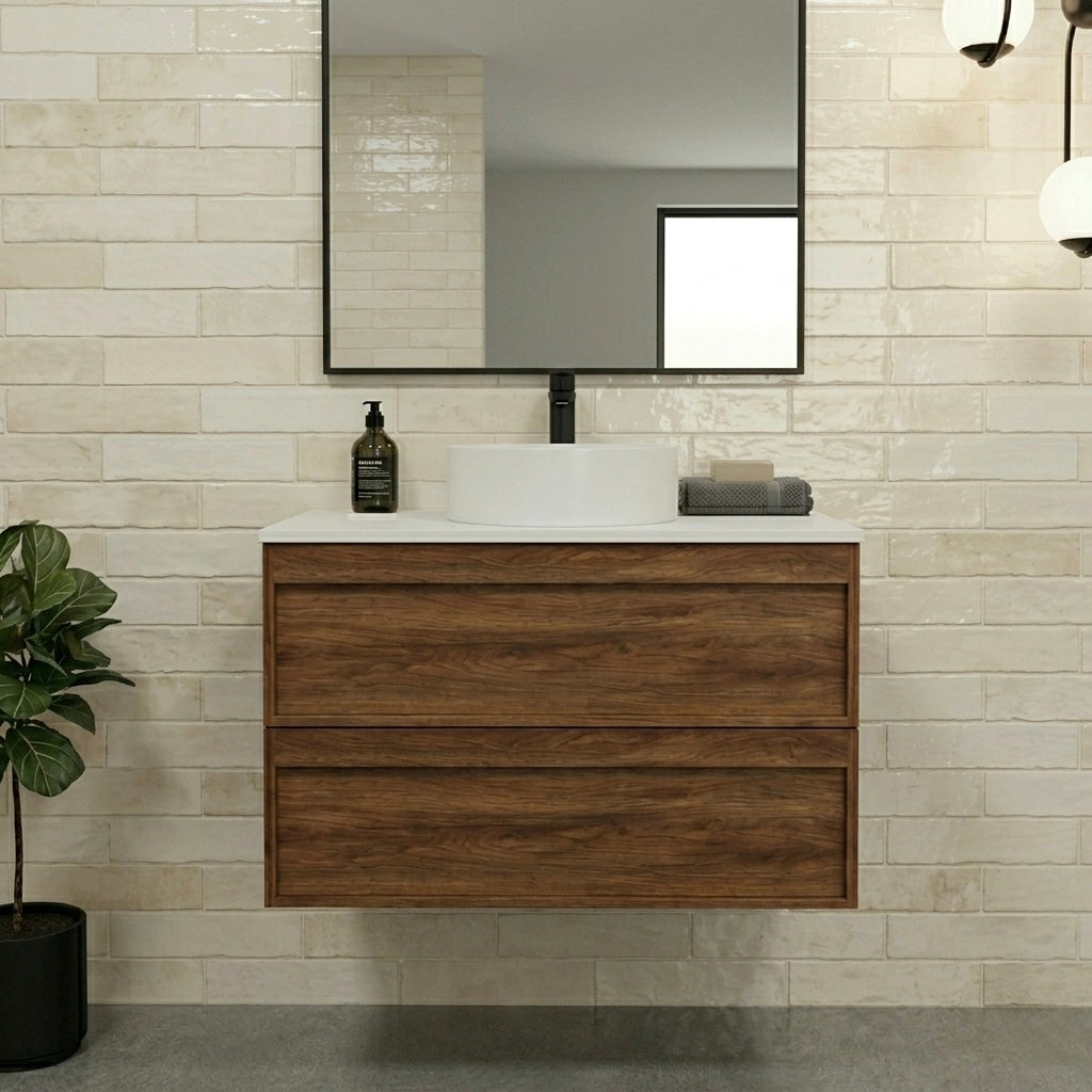 ASPEN WALNUT WALL HUNG VANITY 750MM | 2 DRAWERS, PLYWOOD FLOATING VANITY NZ