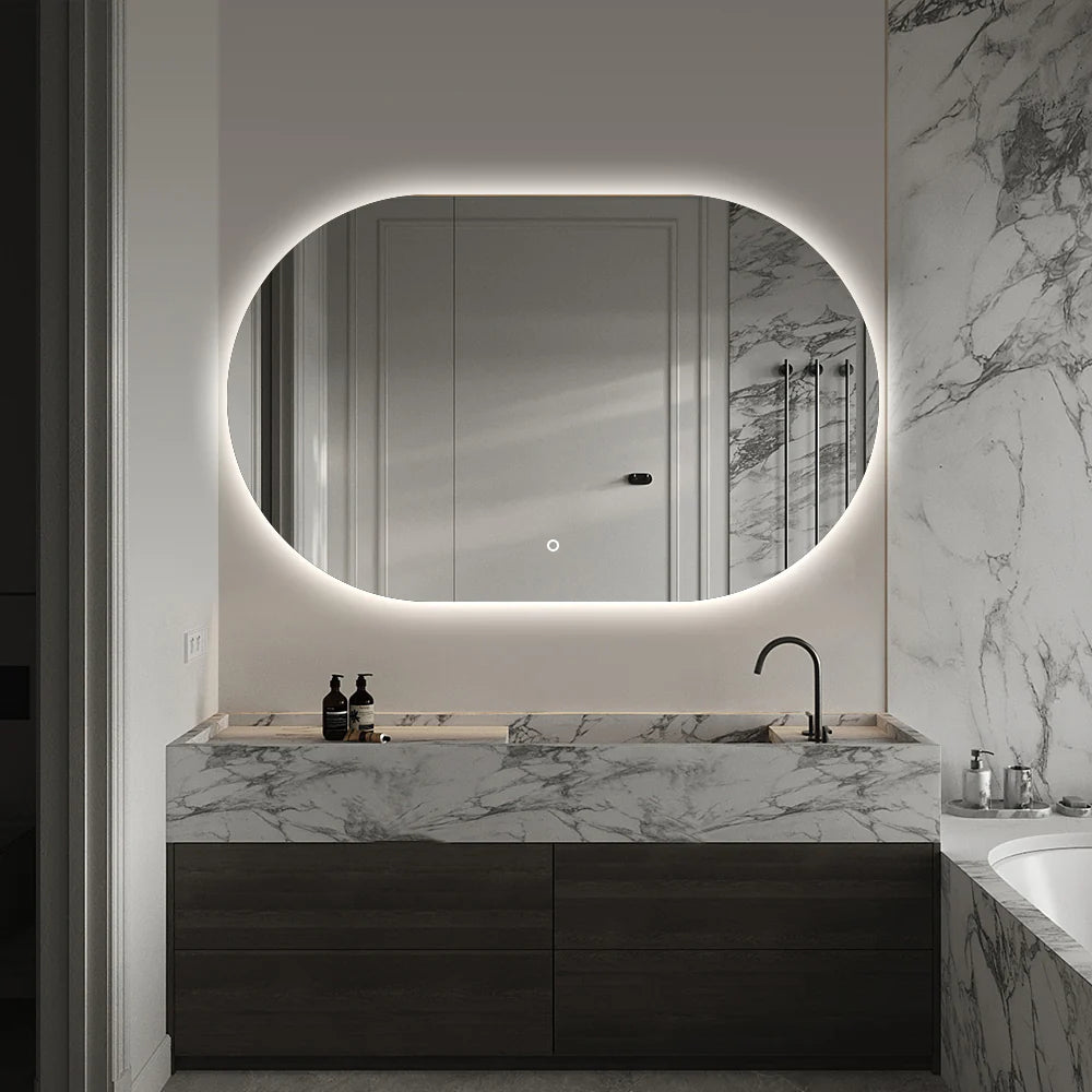PREMIUM OVAL BACKLIT LED MIRROR 1100X700MM WITH DEMISTER - 3 COLOUR LIGHTS