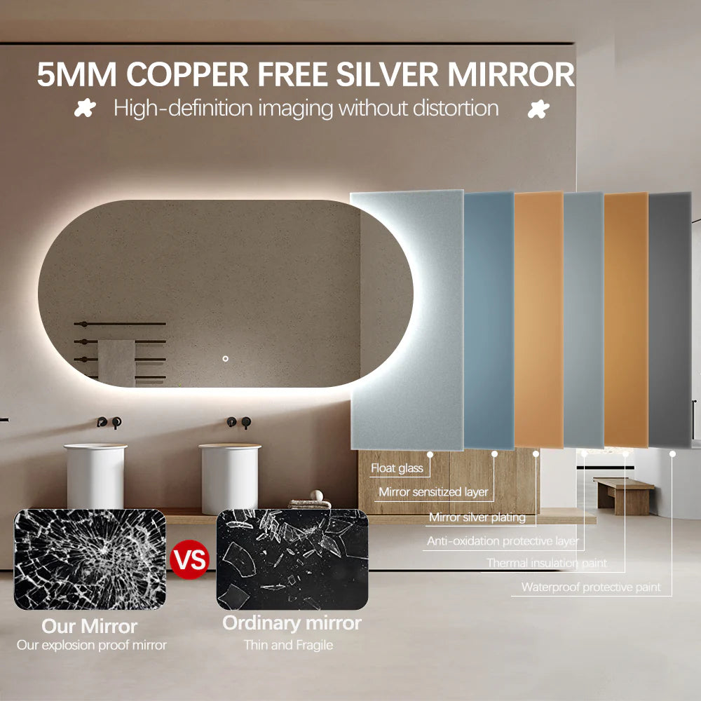 PREMIUM OVAL BACKLIT LED MIRROR 1400X700MM WITH DEMISTER - 3 COLOUR LIGHTS