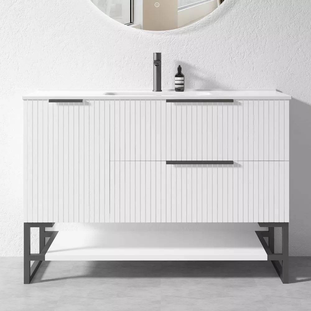 1200MM FLUTED WHITE PLYWOOD FLOORSTANDING VANITY WITH SINGLE BASIN CERAMIC TOP - The Tile Collection™