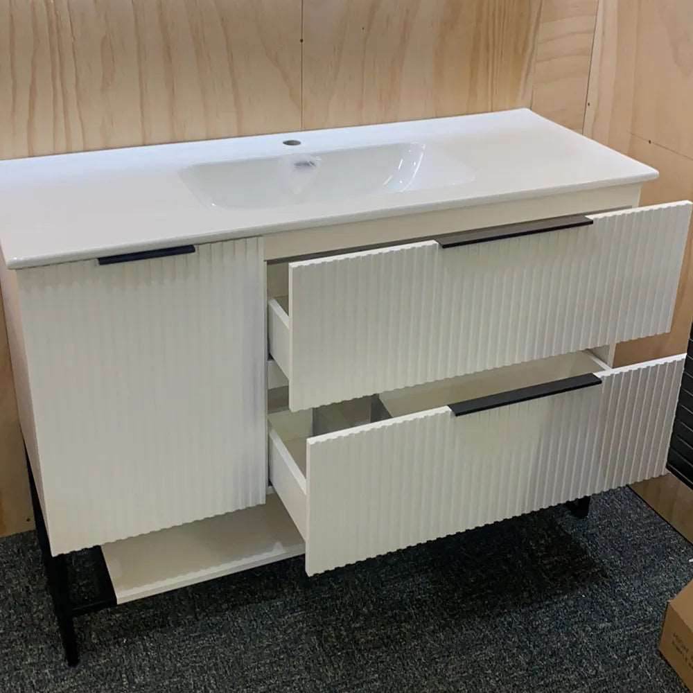 1200MM FLUTED WHITE PLYWOOD FLOORSTANDING VANITY WITH SINGLE BASIN CERAMIC TOP - The Tile Collection™