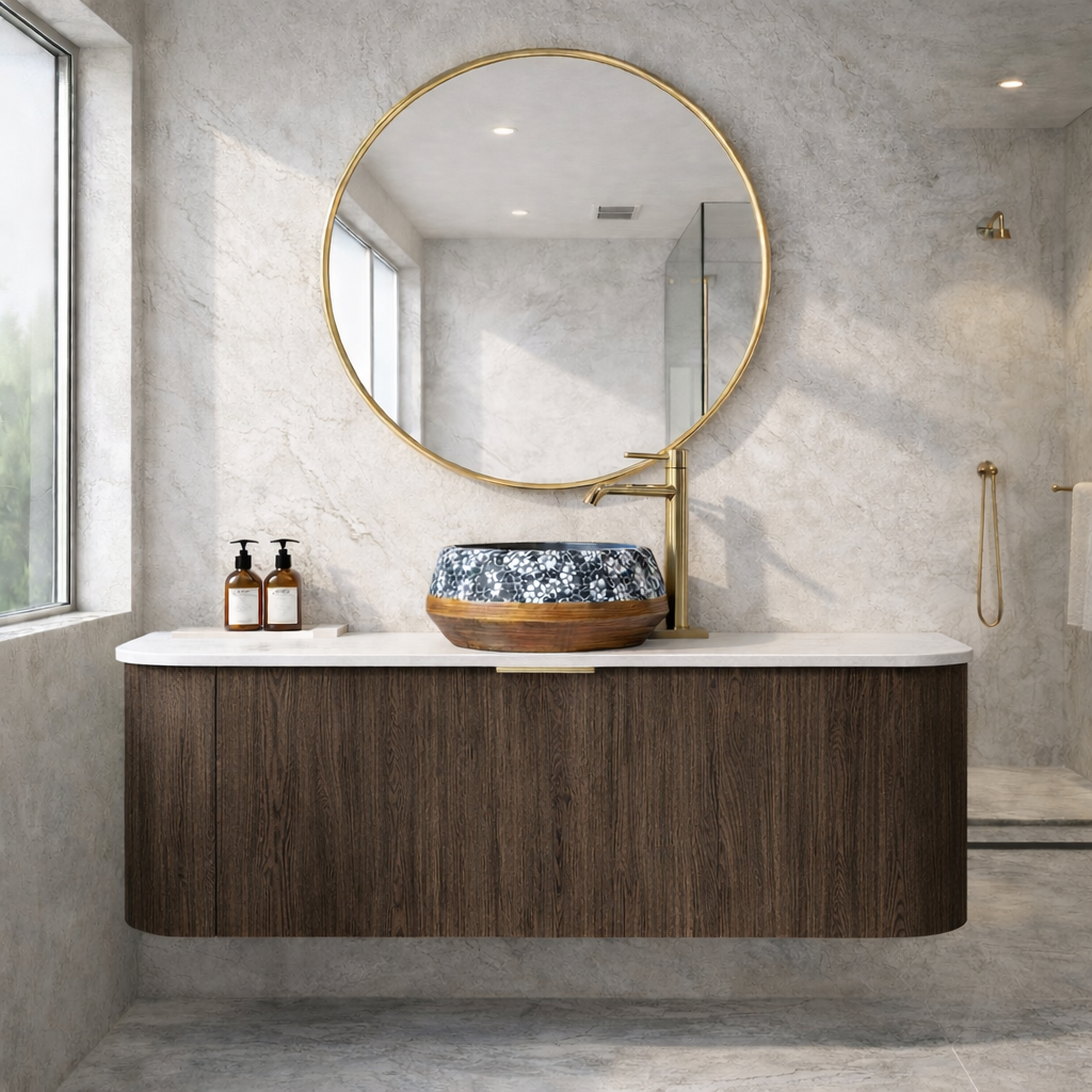 1200mm Linea Curved Wall Hung Vanity - Wallnut