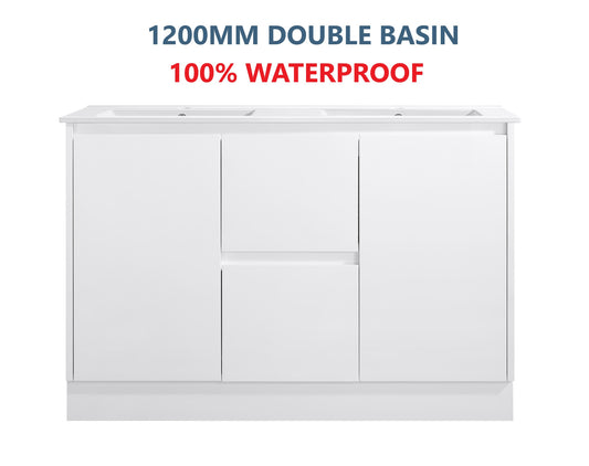 1200MM DOUBLE BASIN PVC VANITY 100% WATERPROOF GLOSS WHITE FLOOR STANDING - The Tile Collection™